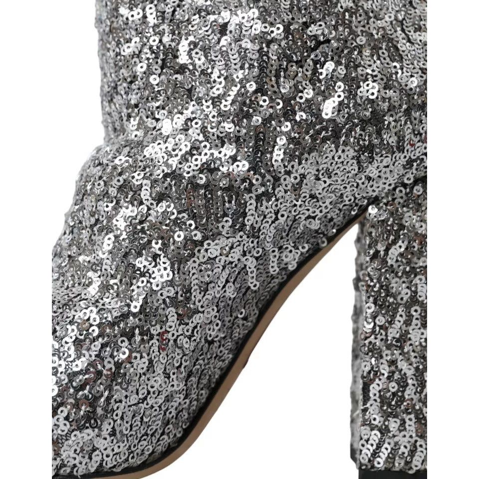 Dolce & Gabbana Silver Sequined High Boots Stretch Shoes Dolce & Gabbana