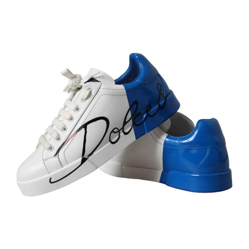 Dolce & Gabbana White Blue Leather Logo Low Top Sneakers Men Shoes Dolce & Gabbana