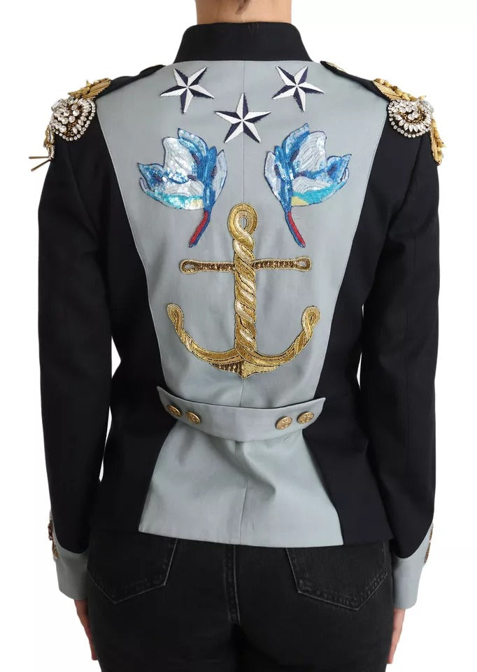 Dolce & Gabbana Blue Button Crystal Embellished Cotton Jacket Dolce & Gabbana