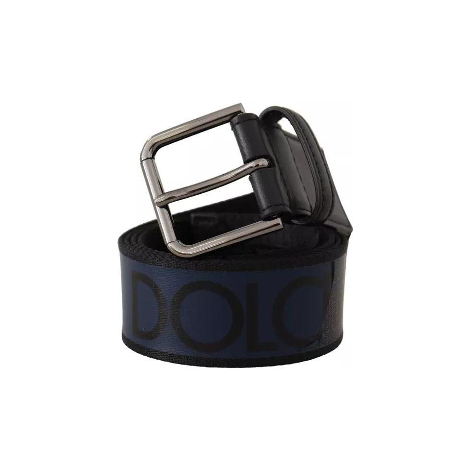 Dolce & Gabbana Blue Black Logo Print Silver Buckle Belt Dolce & Gabbana