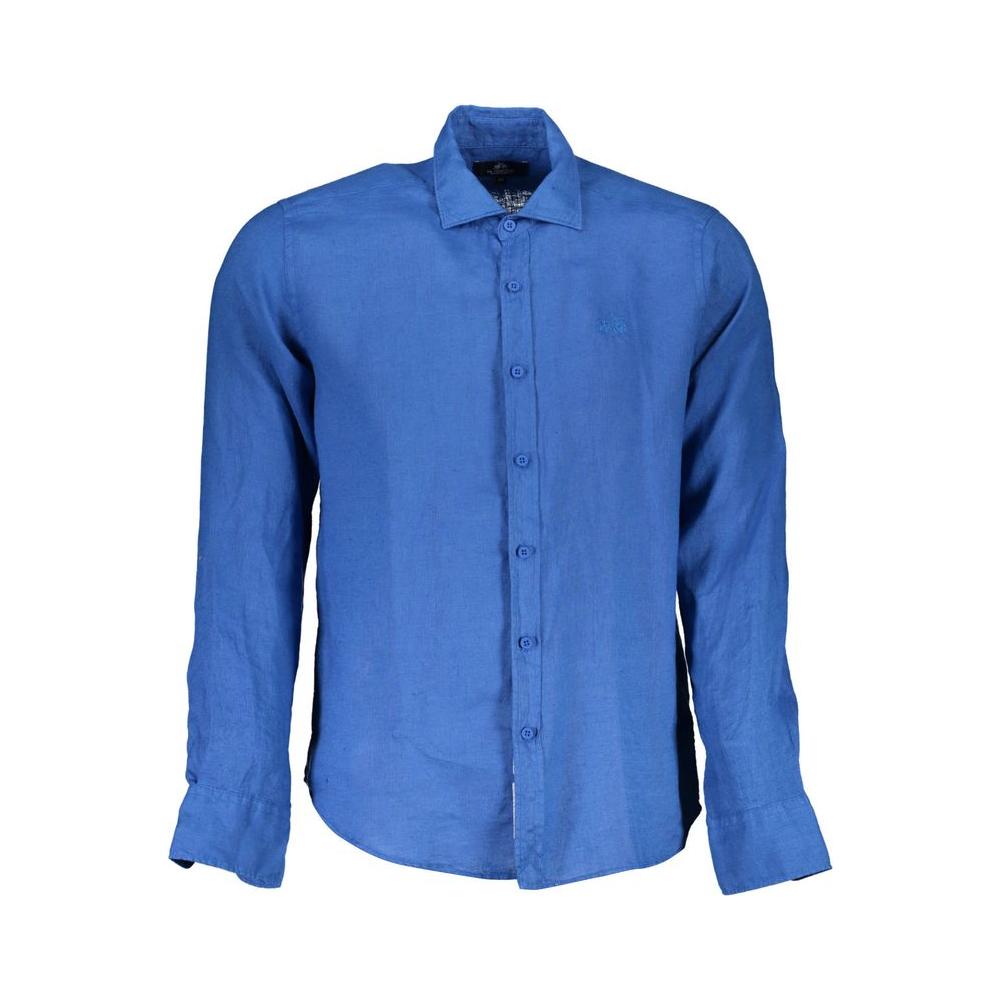 La Martina Blue Linen Men Shirt La Martina