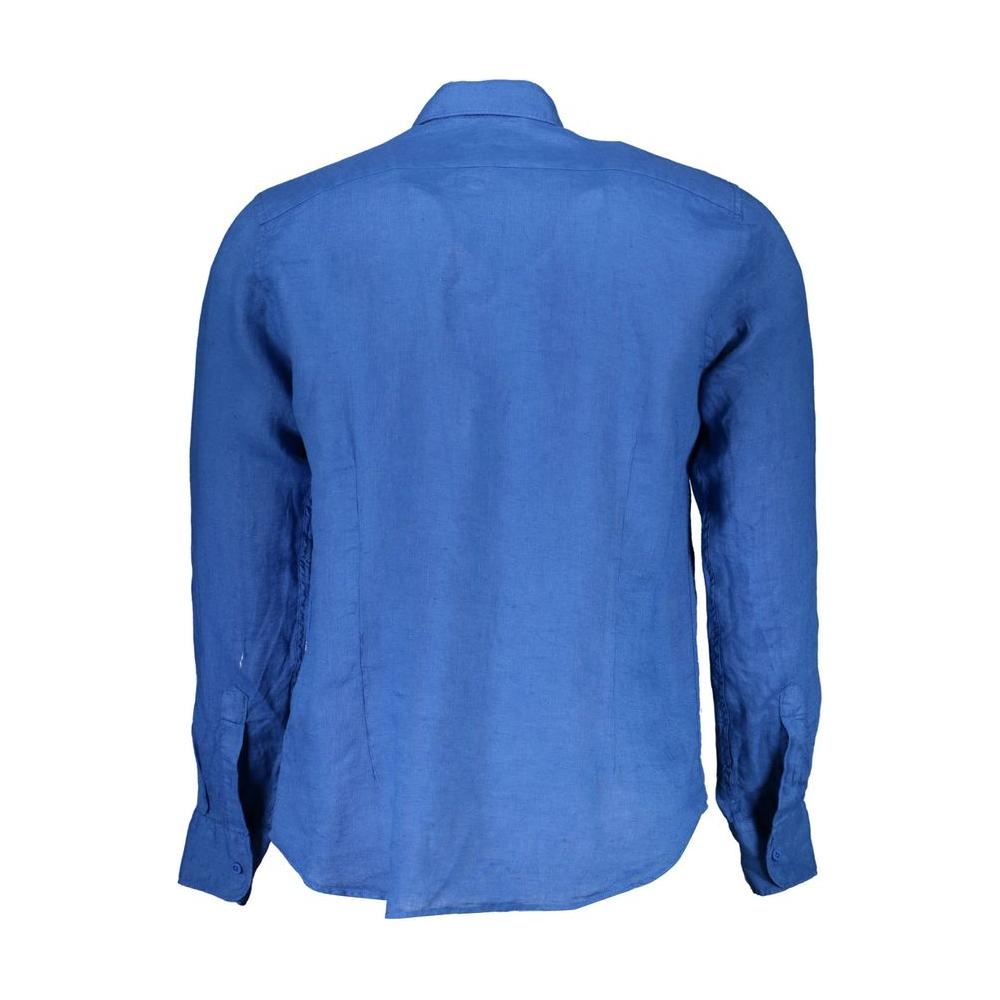 La Martina Blue Linen Men Shirt La Martina