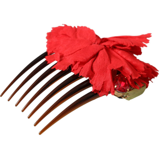 Dolce & Gabbana Red Silk Floral Gold Brass Women Hair Comb Dolce & Gabbana