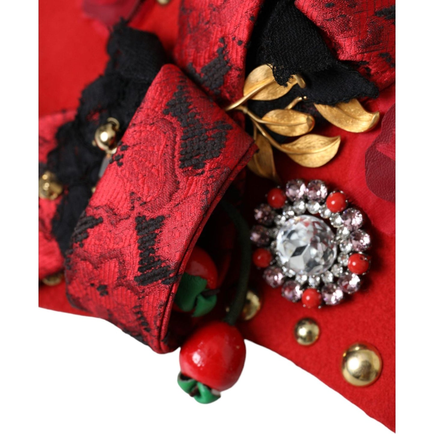 Dolce & Gabbana Red Crystal Gold Roses Brooch Embellished Hat Dolce & Gabbana