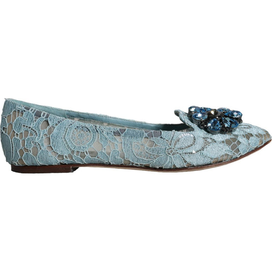 Dolce & Gabbana Blue Lace Crystal Ballet Flats Loafers Shoes Dolce & Gabbana