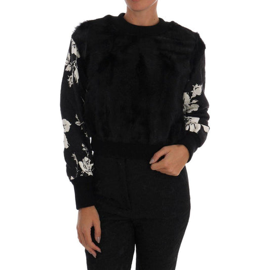 Dolce & Gabbana Black Fur Floral Brocade Zipper Sweater Dolce & Gabbana