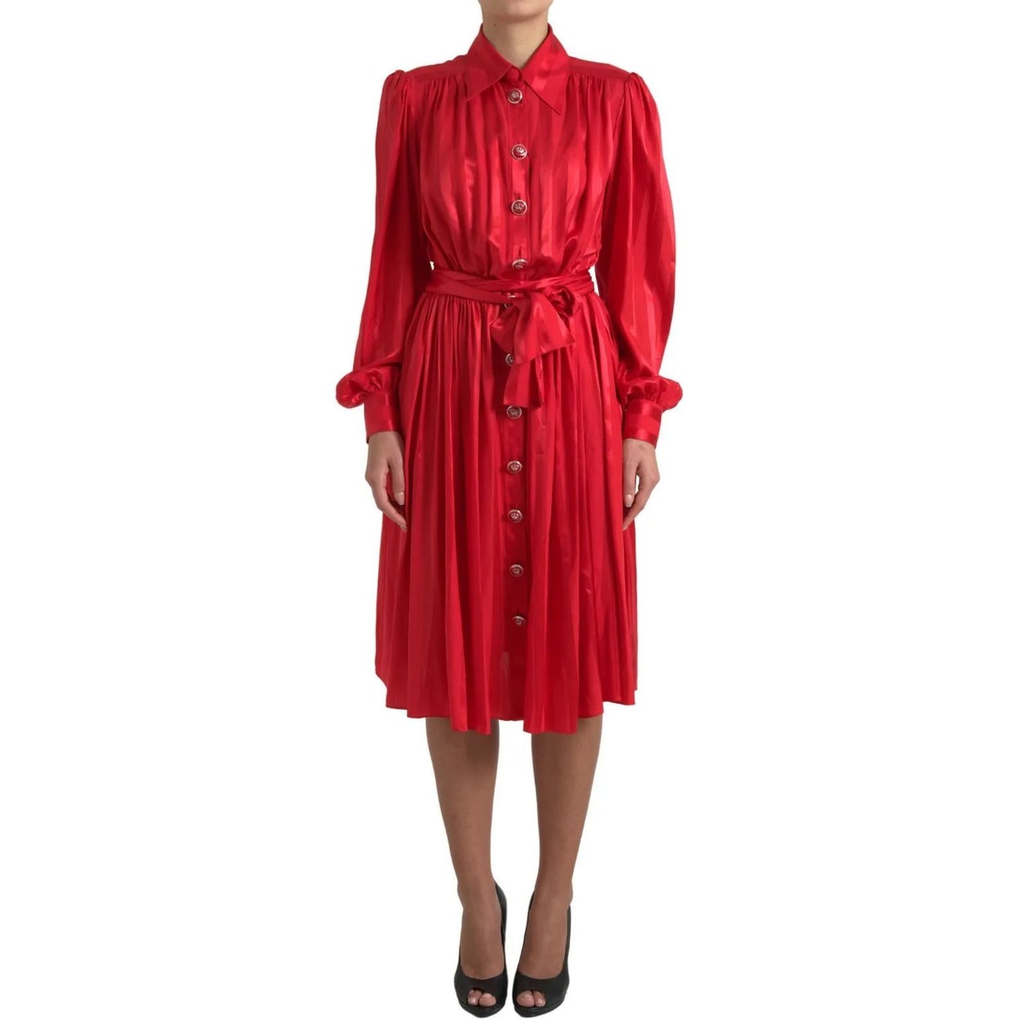 Dolce & Gabbana Elegant Red Silk Midi Dress with Button Detail Dolce & Gabbana