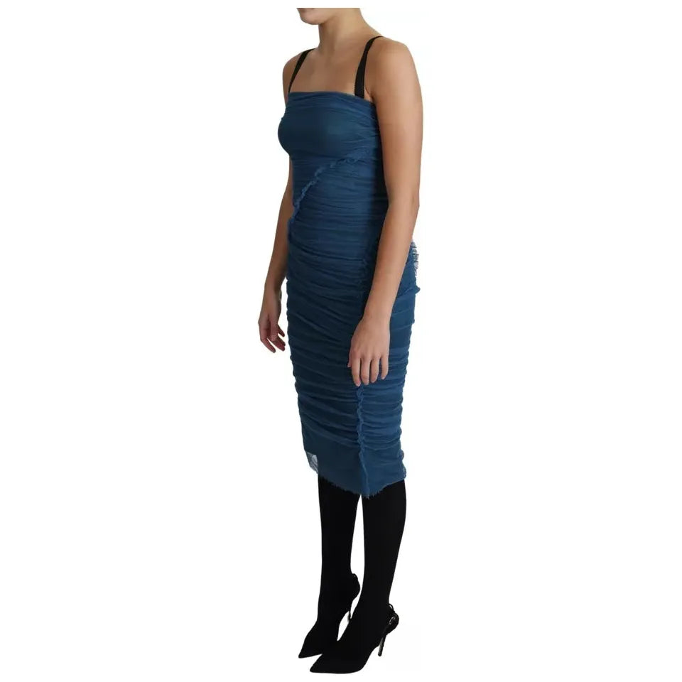 Dolce & Gabbana Blue Draped Tulle Midi Sheath Cotton Dress Dolce & Gabbana