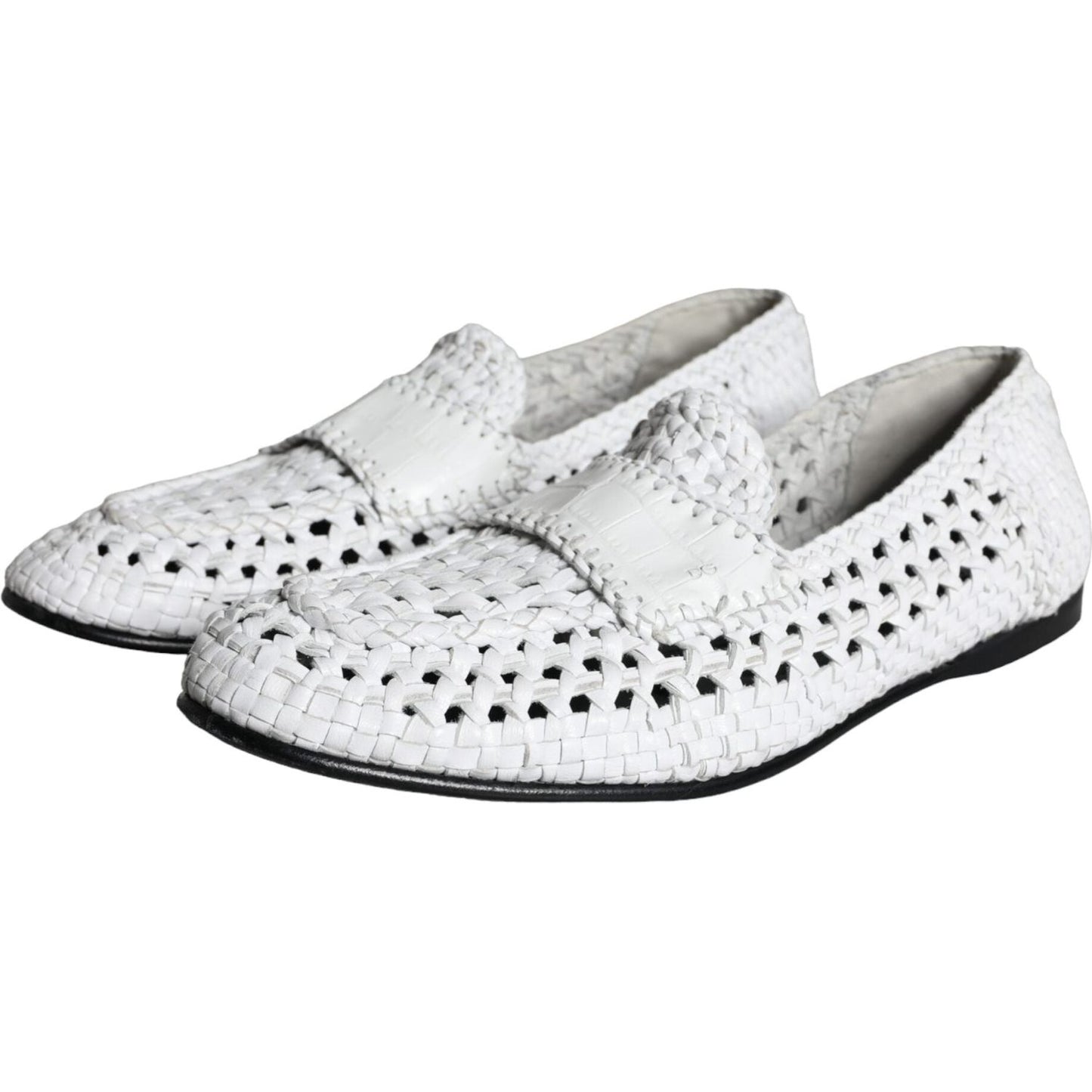 Dolce & Gabbana White Woven Leather Slip On Loafers Men Shoes Dolce & Gabbana