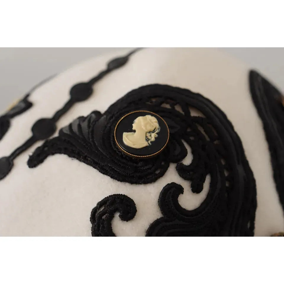 Dolce & Gabbana White Black Wool Embroidered Cameo Brooch Hat Dolce & Gabbana