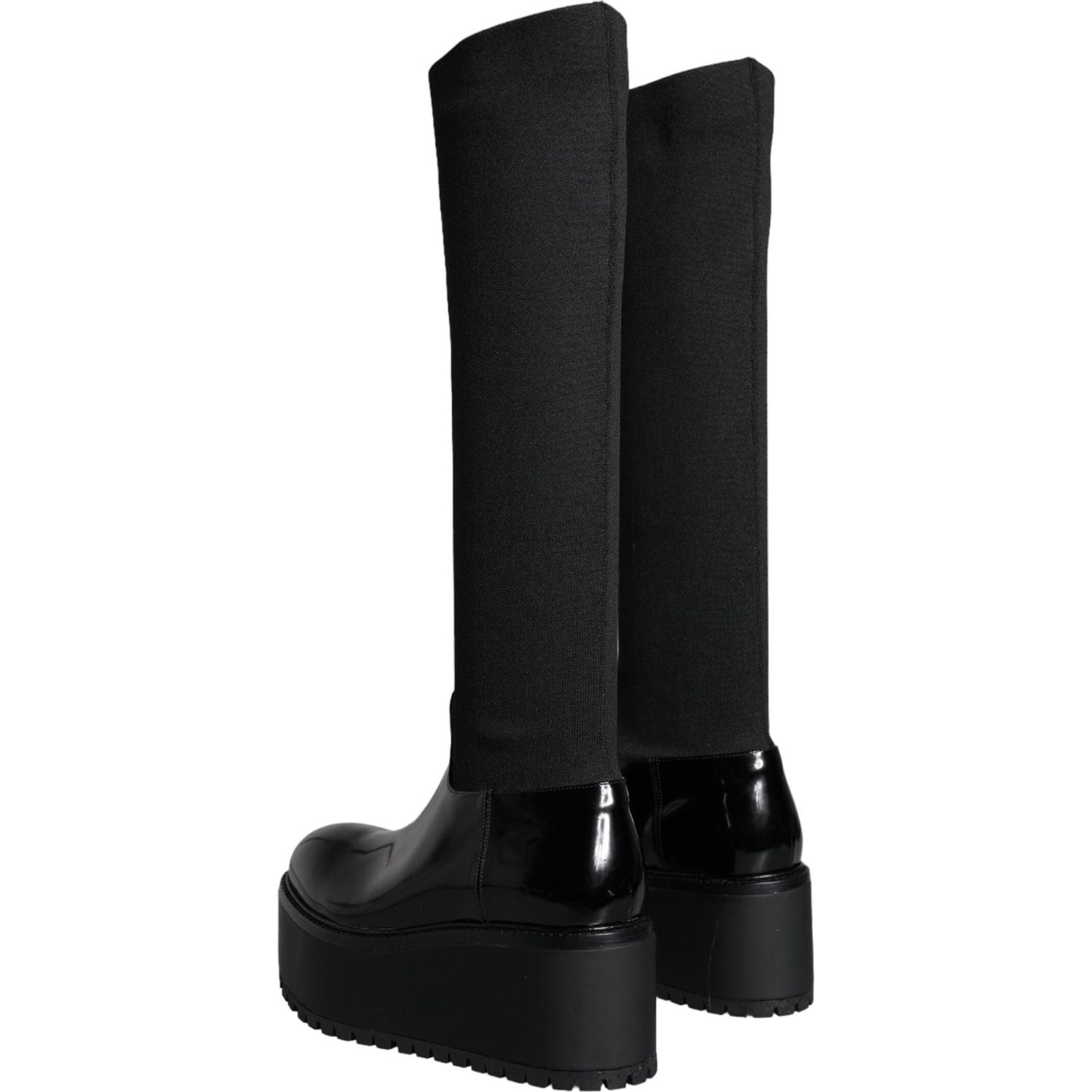 Dolce & Gabbana Black Leather Jersey Knee High Boots Shoes Dolce & Gabbana