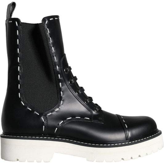 Dolce & Gabbana Black Leather Combat Mid Calf Boots Shoes Dolce & Gabbana