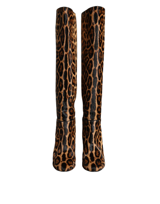 Dolce & Gabbana Beige Black Leopard Knee High Boots Shoes Dolce & Gabbana