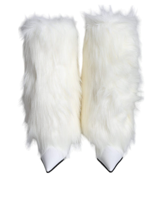 Dolce & Gabbana White Fur Leather Heels Mid Calf Boots Shoes Dolce & Gabbana