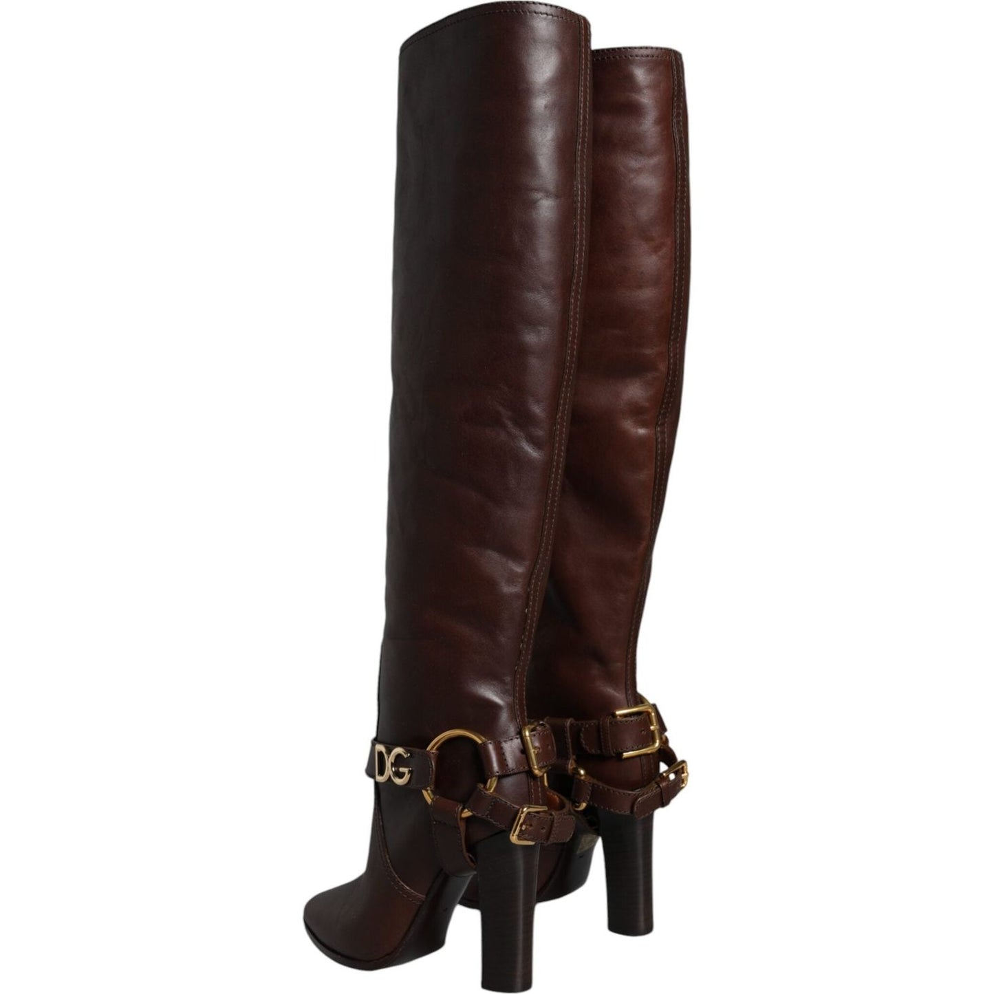 Dolce & Gabbana Brown Leather Gold Tone Logo High Boots Shoes