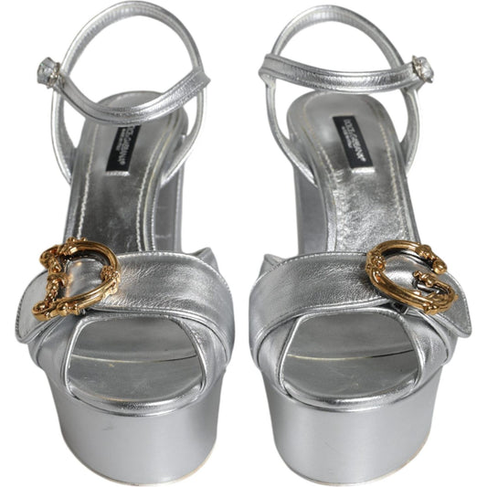 Dolce & Gabbana Silver Leather Platform Logo Keira Sandals Shoes Dolce & Gabbana