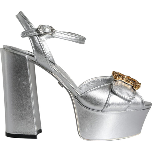 Dolce & Gabbana Silver Leather Platform Logo Keira Sandals Shoes Dolce & Gabbana