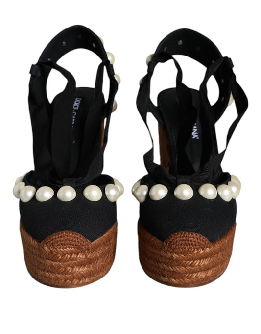 Dolce & Gabbana Black Pearl Wedge Heels Sandals Shoes Dolce & Gabbana