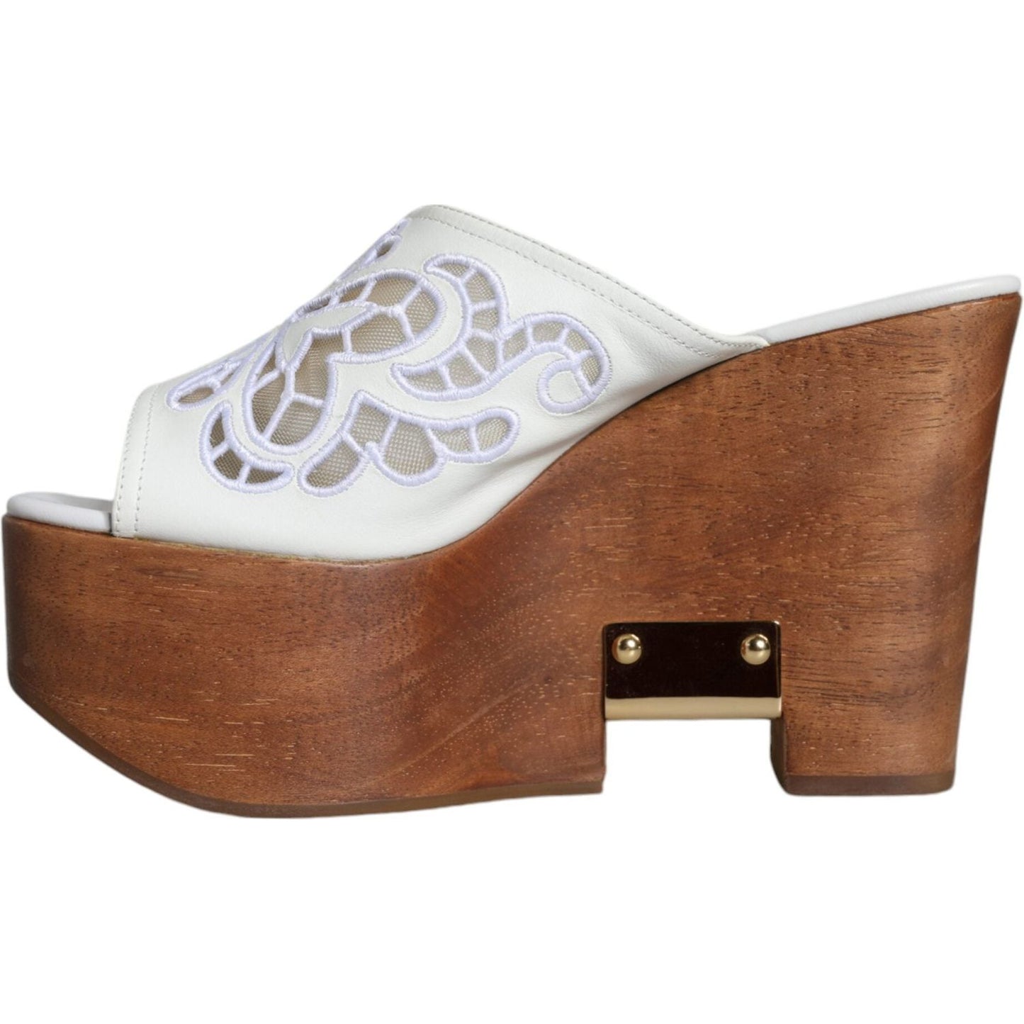 Dolce & Gabbana White Leather Wood Mules Wedge Slides Shoes Dolce & Gabbana