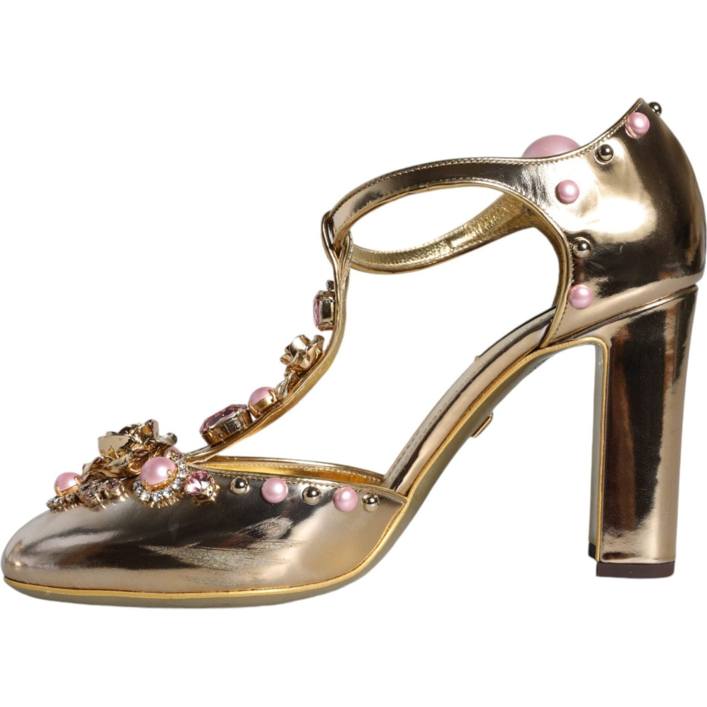 Dolce & Gabbana Gold Embellished Leather T-strap Heels Shoes Dolce & Gabbana