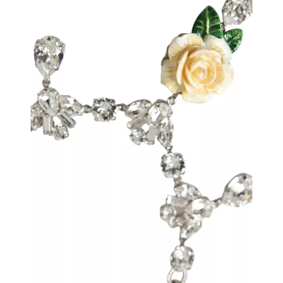 Dolce & Gabbana Silver Brass Clear Crystal Roses Pendants Necklace Dolce & Gabbana