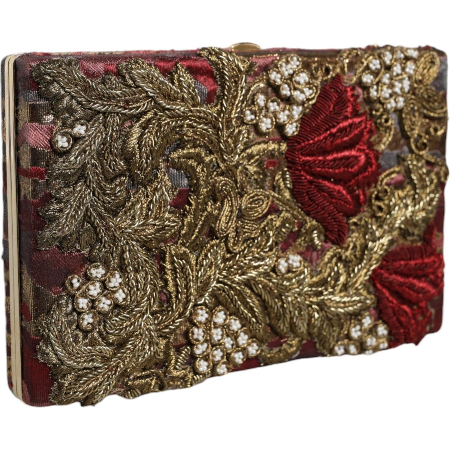 Dolce & Gabbana Maroon Gold Floral Jacquard Gold Frame Clutch Evening Purse Bag Dolce & Gabbana