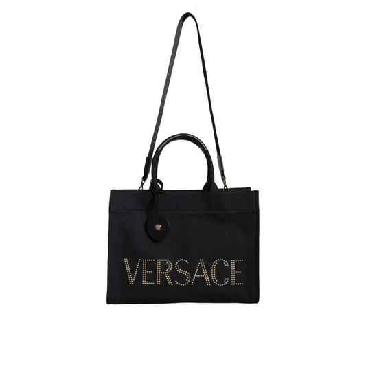 Versace Black Top Handle Canvas Leather Logo Crossbody Tote Bag Versace