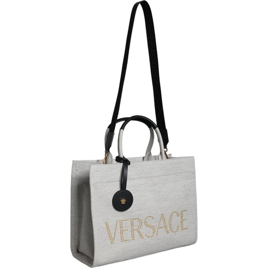 Versace White Top Handle Canvas Leather Logo Crossbody Tote Bag Versace