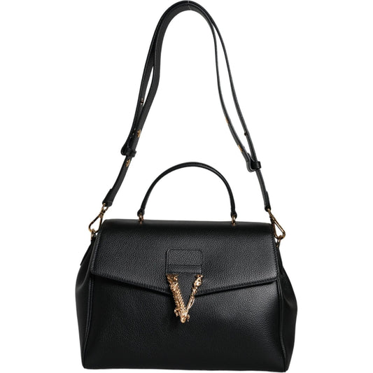 Versace Black Top Handle Grainy Calfskin Leather Crossbody Bag Versace