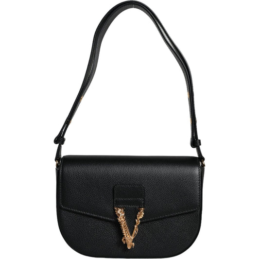 Versace Black Grainy Calf Leather Logo Crossbody Shoulder Bag Versace Black