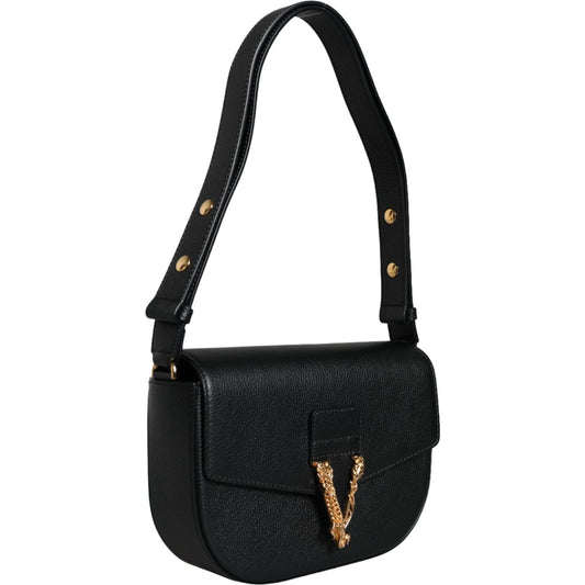 Versace Black Grainy Calf Leather Logo Crossbody Shoulder Bag Versace Black