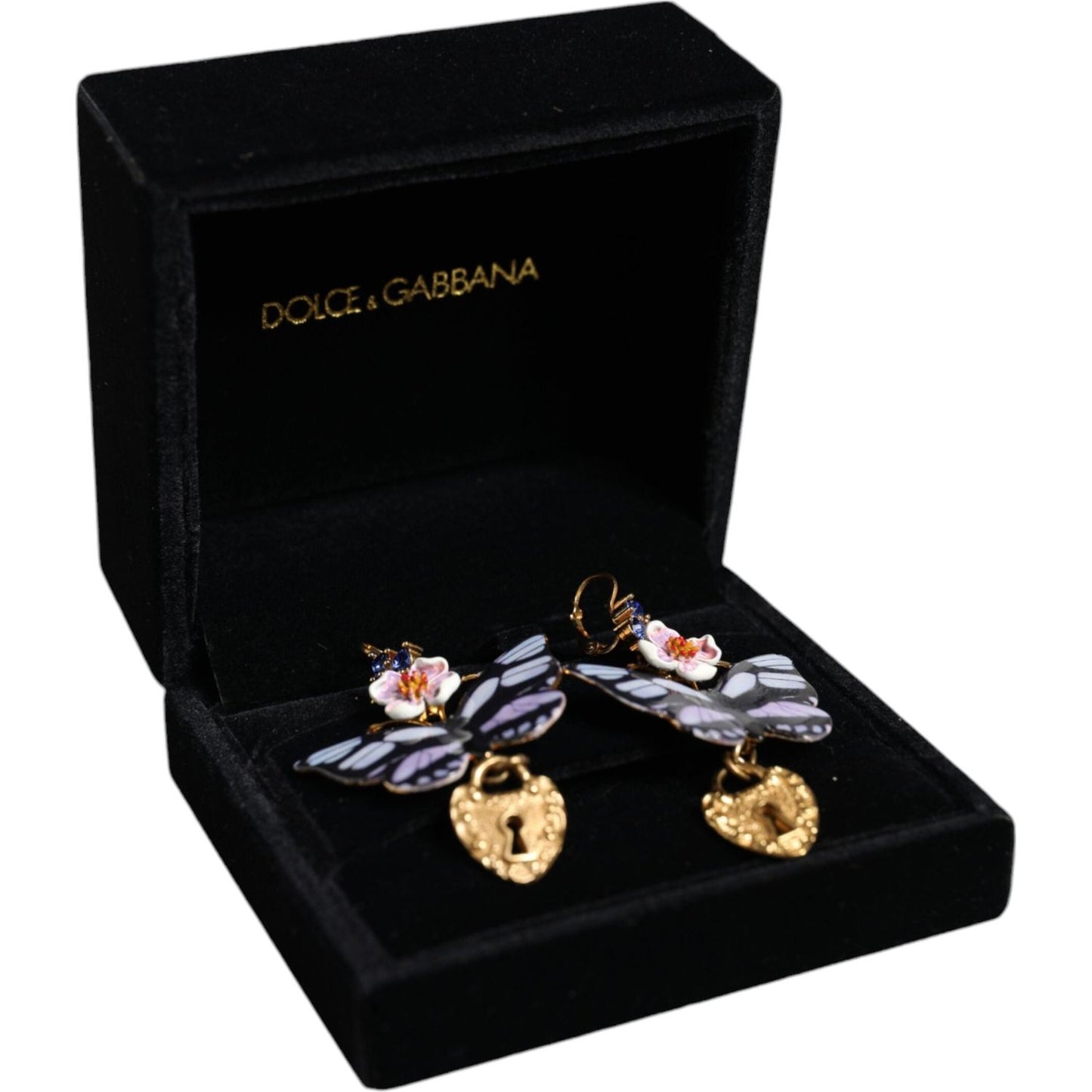 Dolce & Gabbana Gold Purple Crystal Butterfly Heart Locket Earrings Dolce & Gabbana