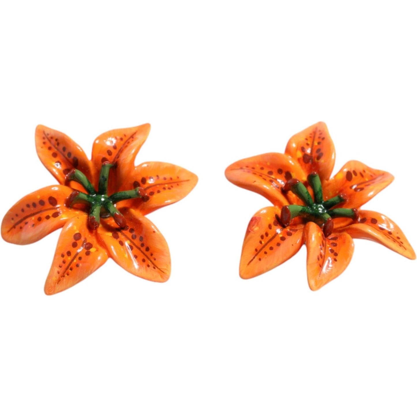 Dolce & Gabbana Orange Green Gold Brass Lily Flower Clip Floral Earrings Dolce & Gabbana