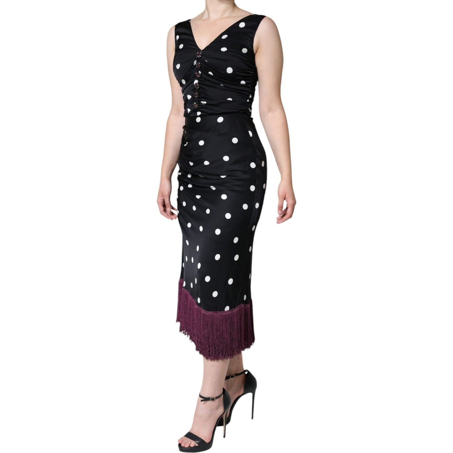 Dolce & Gabbana Black Silk Polka Dot V-neck Tassel Midi Dress Dolce & Gabbana