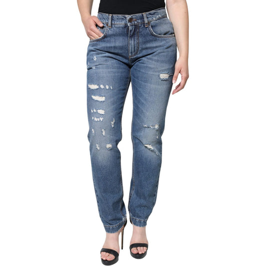 Dolce & Gabbana Blue Cotton Tattered Boyfriend Denim Jeans Dolce & Gabbana