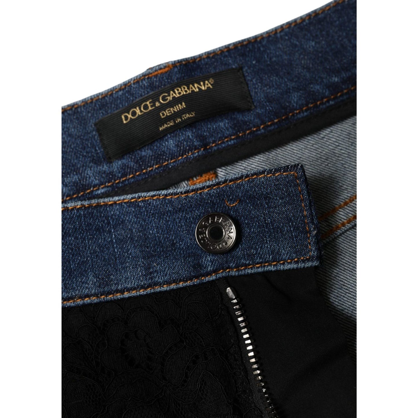 Dolce & Gabbana Black Floral Lace Front Skinny Denim Jeans Dolce & Gabbana