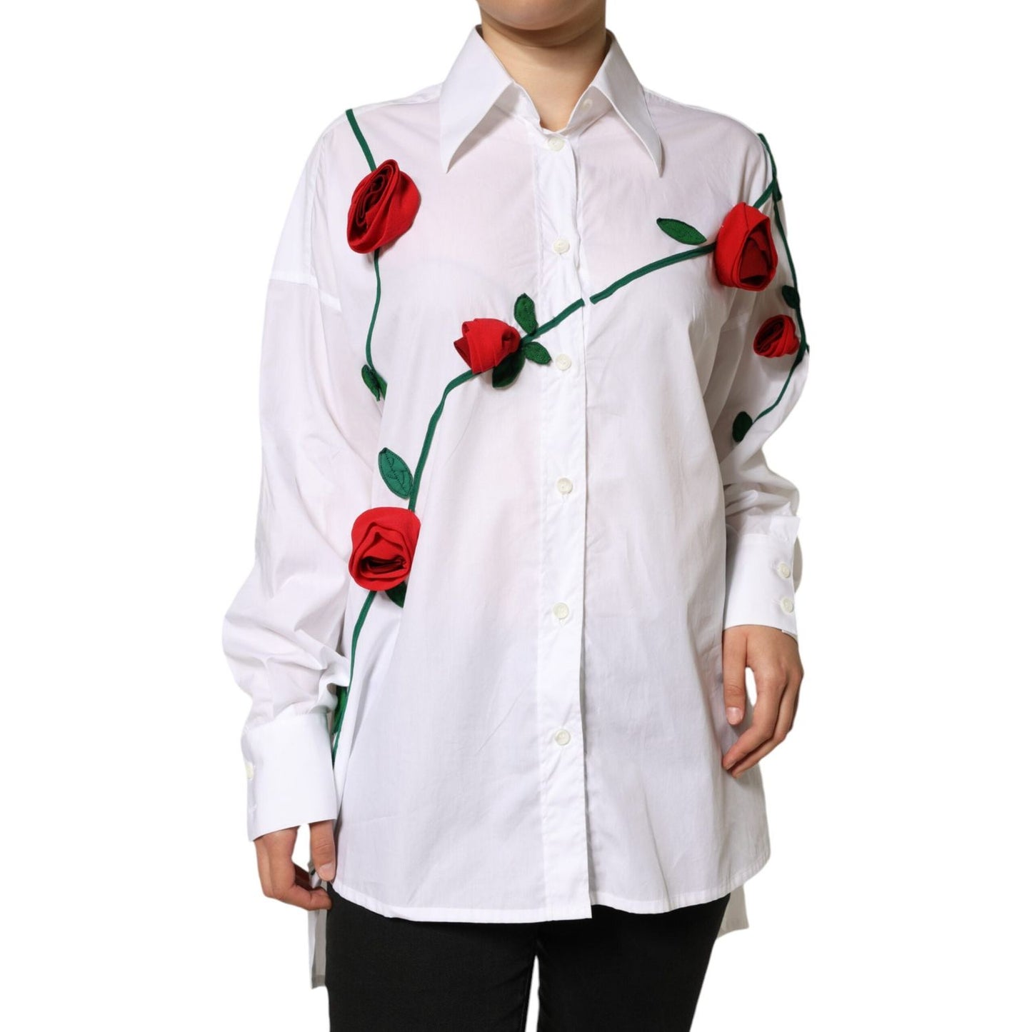 Dolce & Gabbana White Cotton Flower Applique Dress Shirt Top Dolce & Gabbana