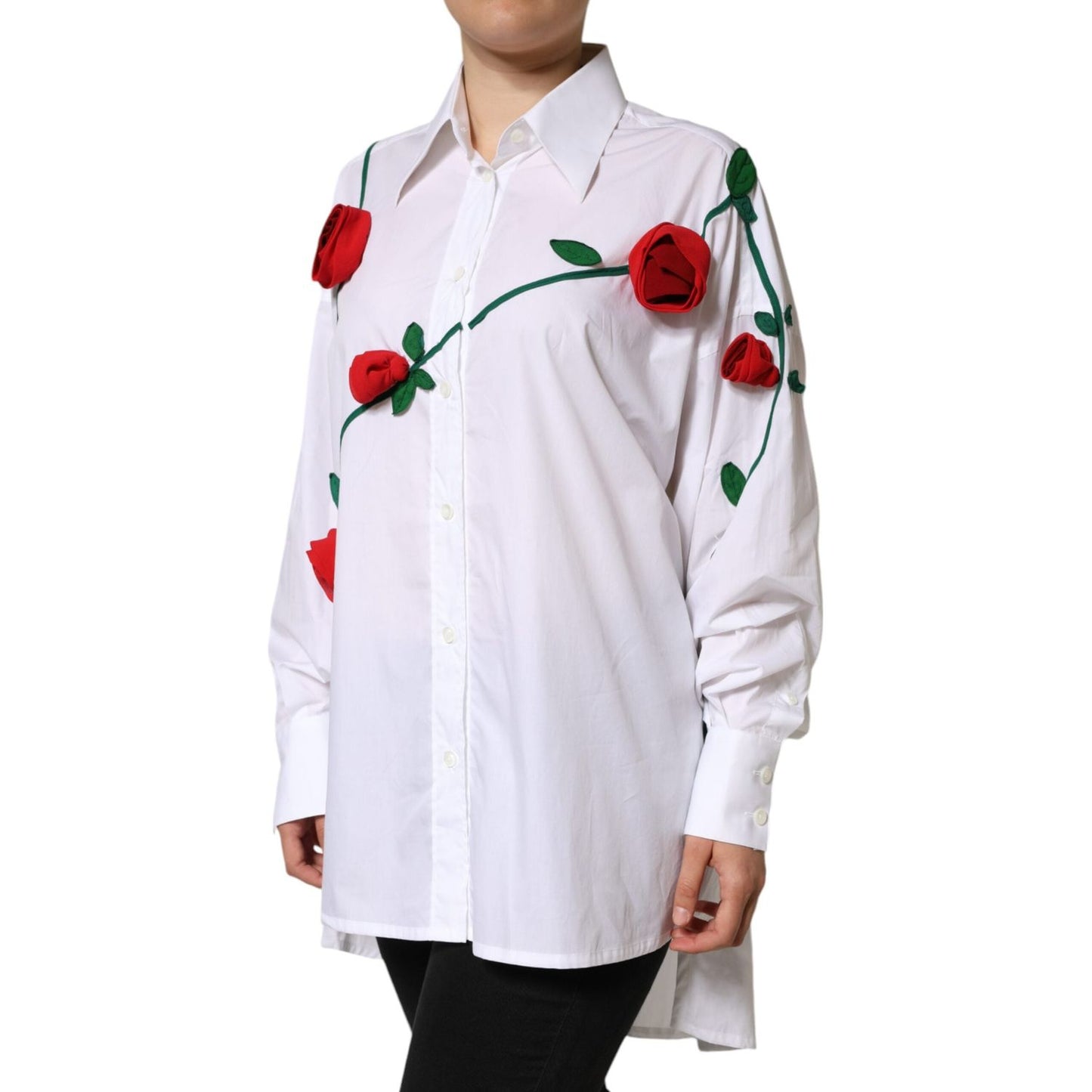 Dolce & Gabbana White Cotton Flower Applique Dress Shirt Top Dolce & Gabbana