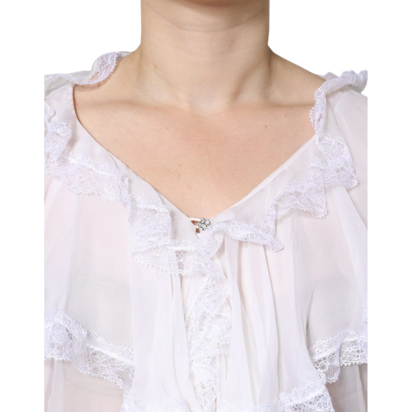 Dolce & Gabbana White Ruffles Lace Long Sleeve Blouse Top Dolce & Gabbana