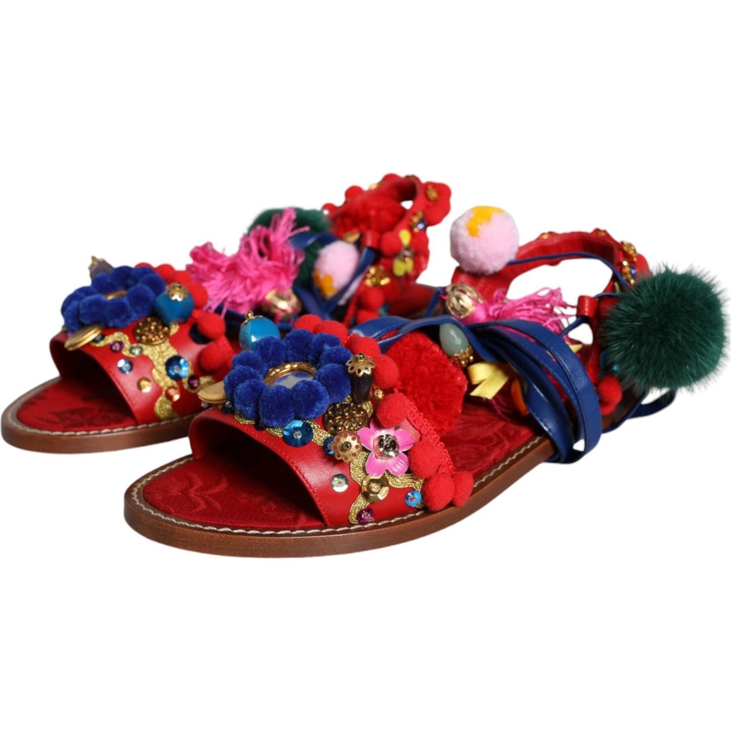 Dolce & Gabbana Multicolor Pom Pom Fur Wrap Sandals Shoes Dolce & Gabbana