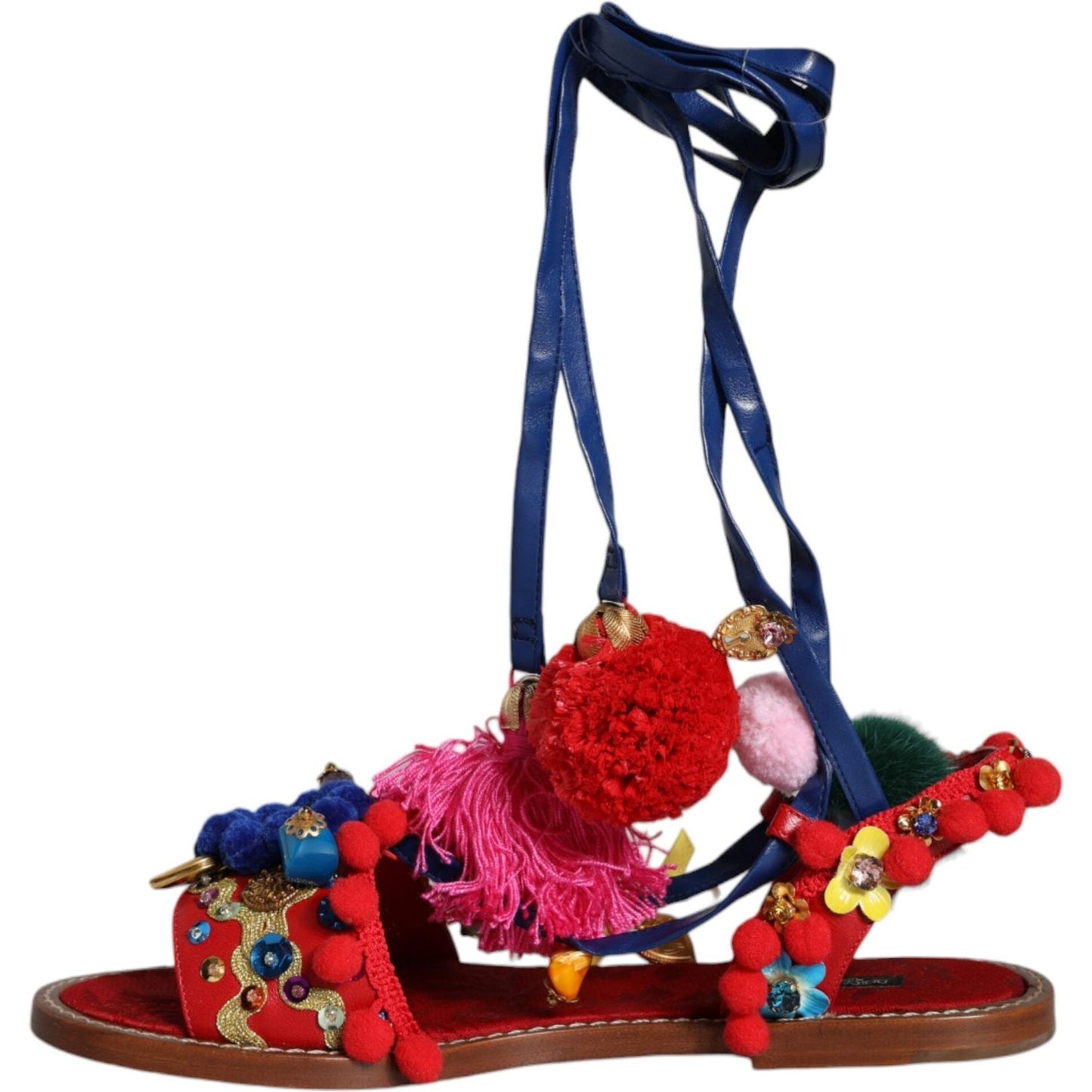 Dolce & Gabbana Multicolor Pom Pom Fur Wrap Sandals Shoes Dolce & Gabbana