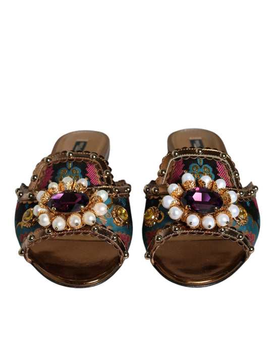 Dolce & Gabbana Multicolor Jacquard Embellished Slides Flats Shoes Dolce & Gabbana