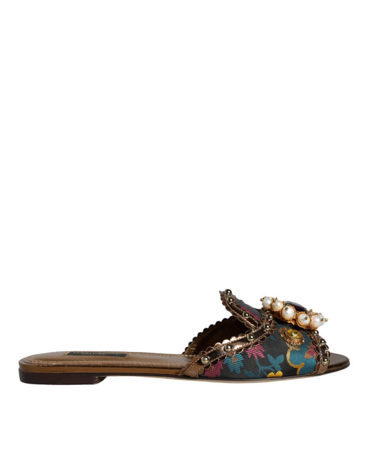 Dolce & Gabbana Multicolor Jacquard Embellished Slides Flats Shoes Dolce & Gabbana