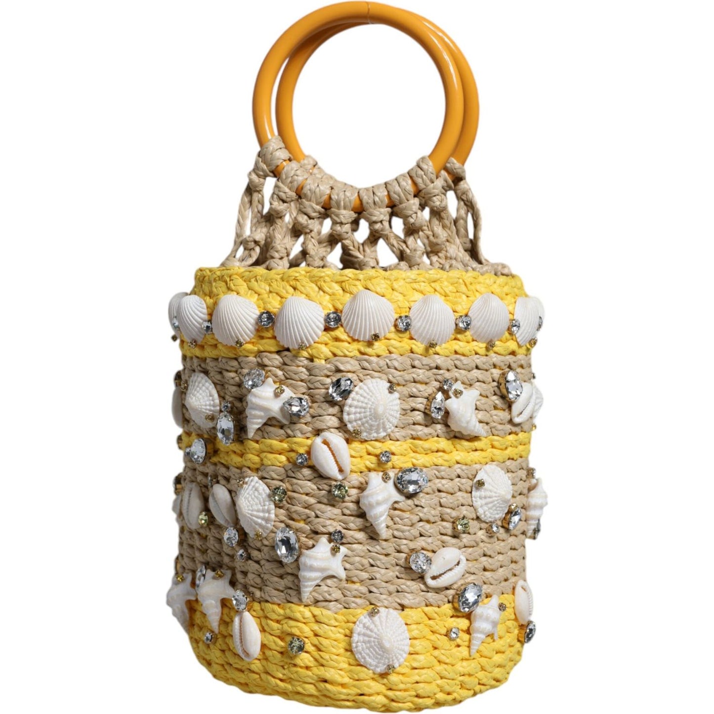 Dolce & Gabbana Beige Yellow Rafia Seashells Crystal Bucket Bag Dolce & Gabbana