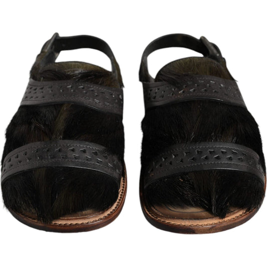 Dolce & Gabbana Black Gazelle Hair Leather Flats Sandals Shoes Dolce & Gabbana