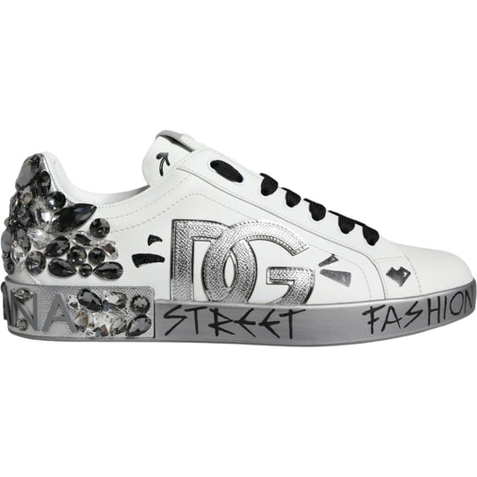 Dolce & Gabbana White Silver Crystal Logo Portofino Sneakers Shoes Dolce & Gabbana