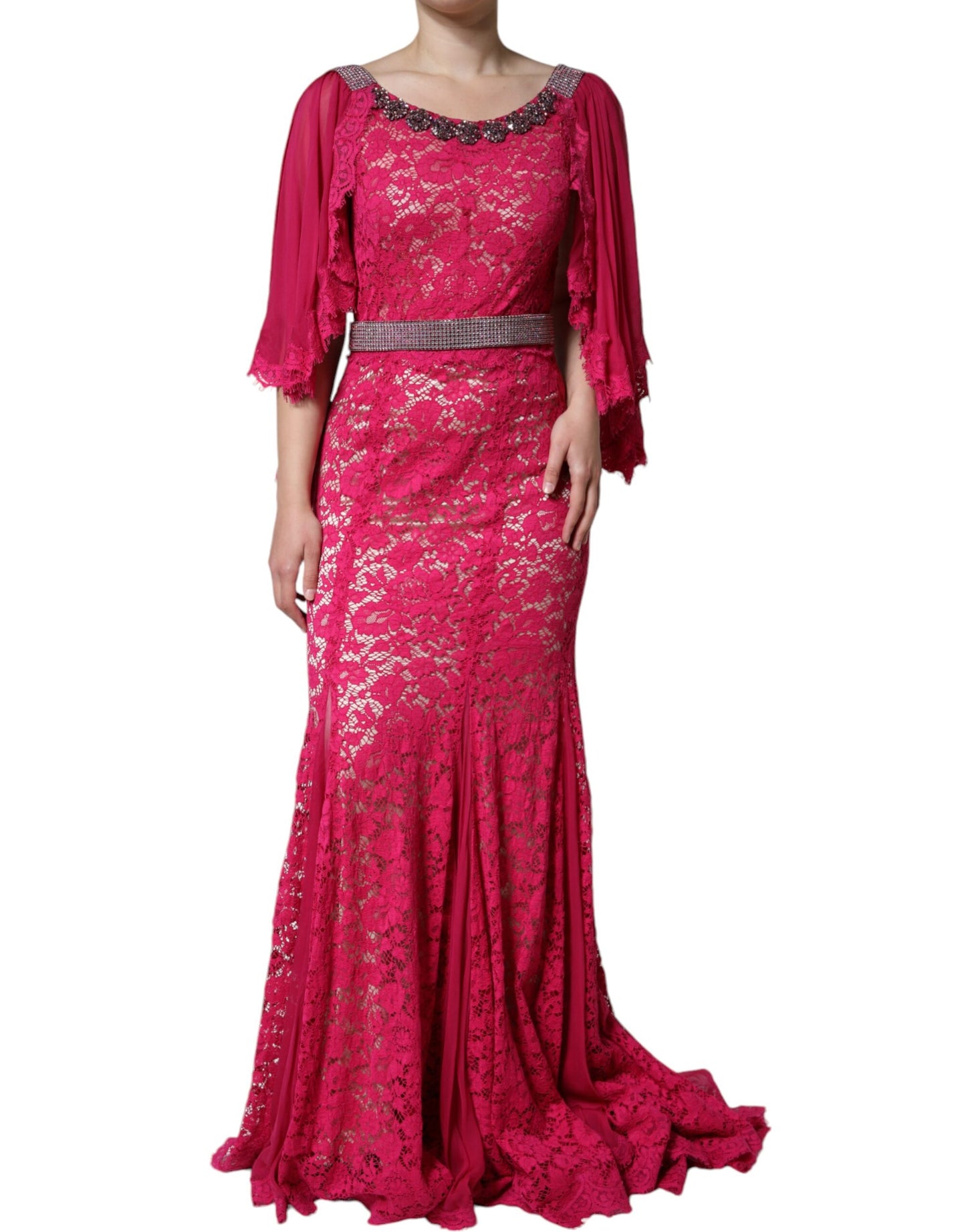 Dolce & Gabbana Pink Lace Crystal Sheath Long Gown Dress Dolce & Gabbana