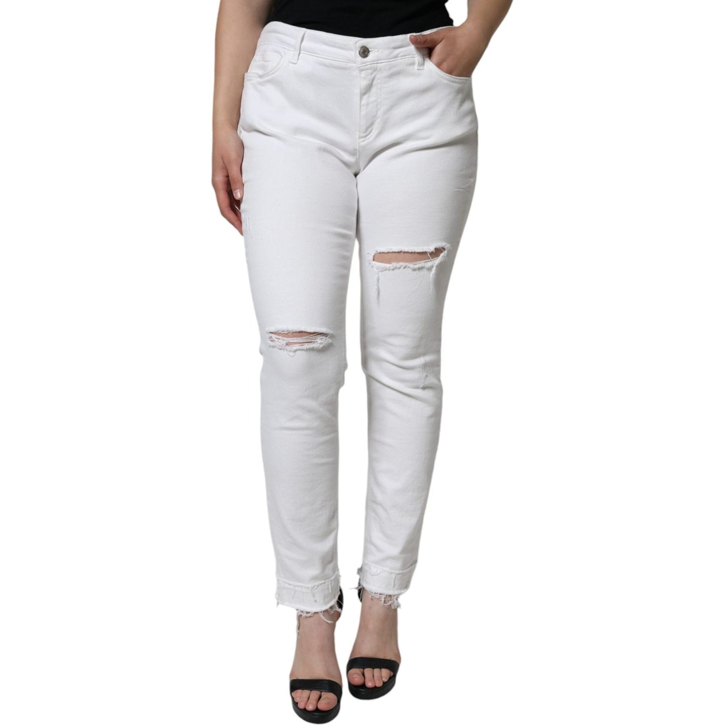 Dolce & Gabbana White Cotton Stretch Tattered Skinny Jeans Dolce & Gabbana