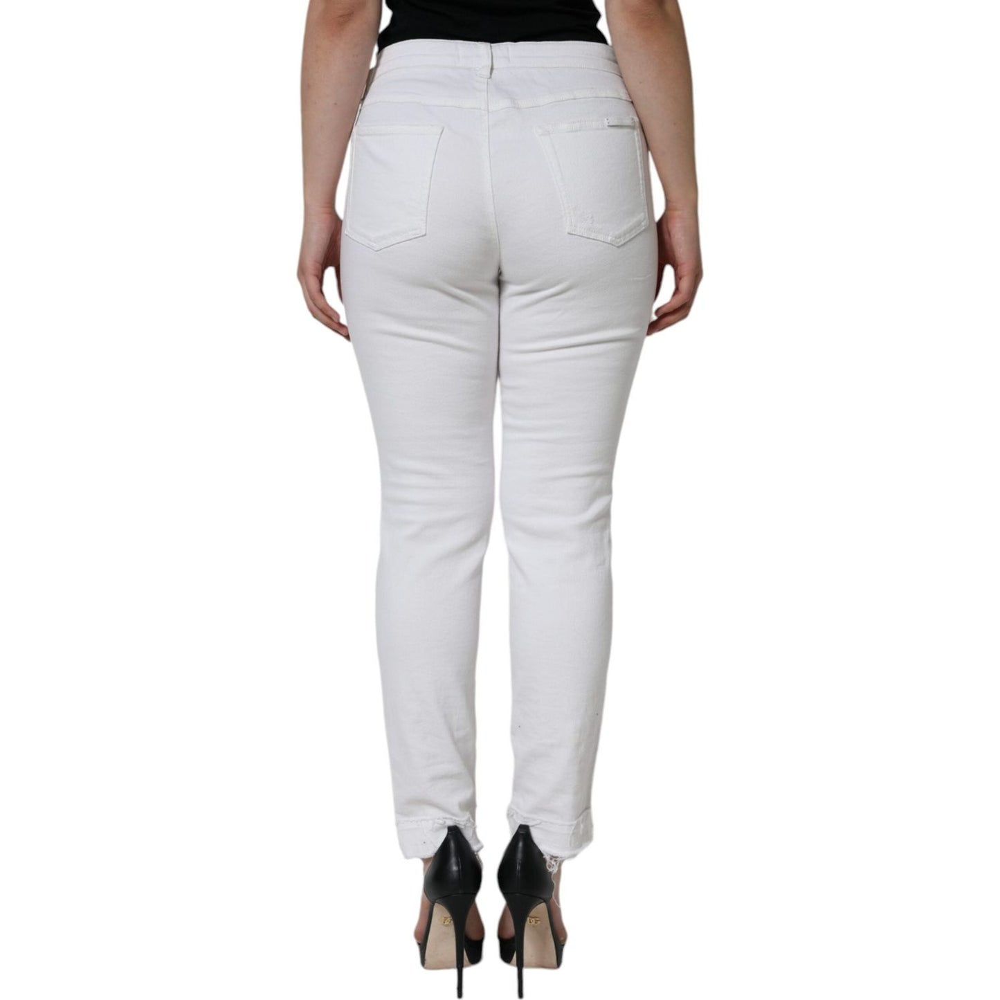 Dolce & Gabbana White Cotton Stretch Tattered Skinny Jeans Dolce & Gabbana