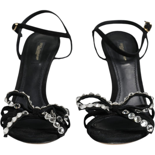 Dolce & Gabbana Black Leather Crystal Bow Heels Sandals Shoes Dolce & Gabbana